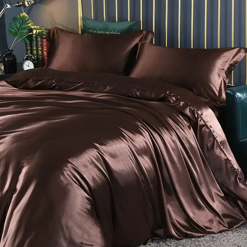 Rich chocolate brown satin duvet cover and bed sheet set from decorbites™ luxury silk bedding pcs with glossy smooth finish