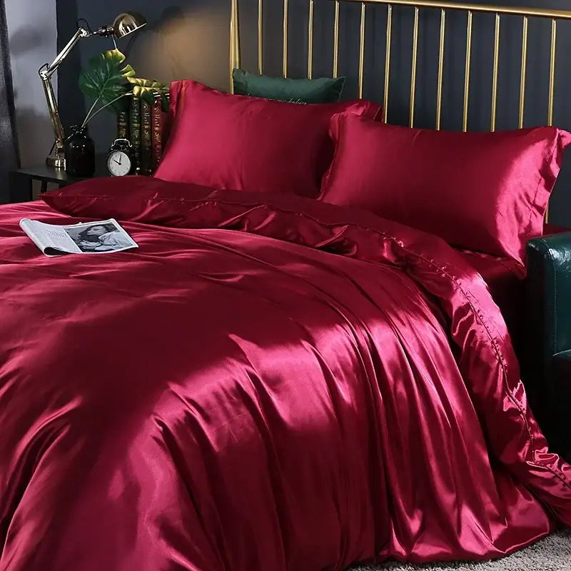 DecorBites™ luxury silk duvet cover and pcs bed sheet in rich crimson satin with glossy finish for width bed sizes