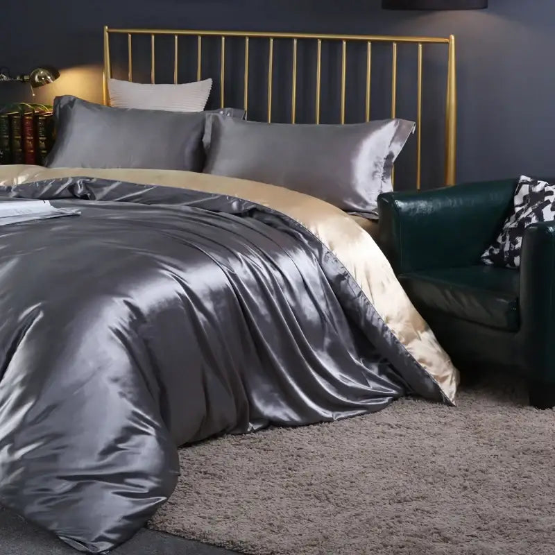 Silver satin duvet cover set from DecorBites luxury silk bedding set with gold trim includes pcs duvet cover and pillowcases