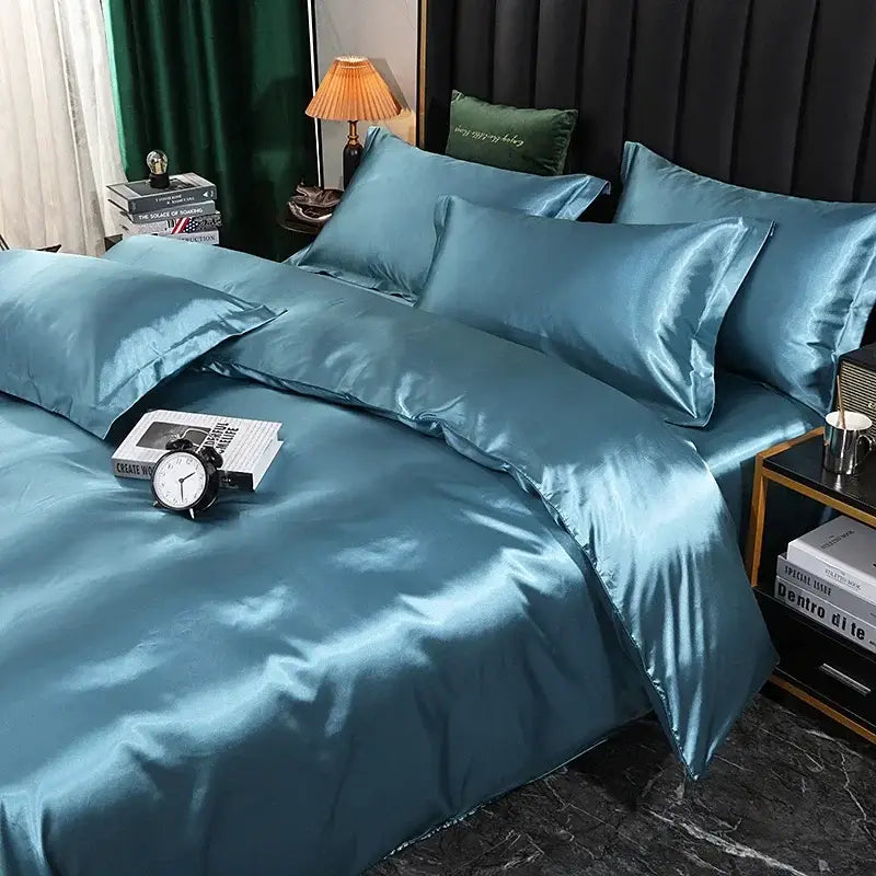 Teal satin duvet cover and bed sheet set with smooth glossy finish and matching pcs duvet cover by decorbites luxury silk bedding set