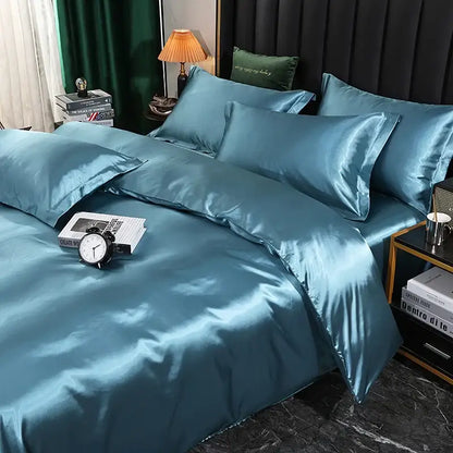 Teal satin luxury silk bedding set with glossy duvet cover and matching pcs duvet cover pillowcases by decorbites