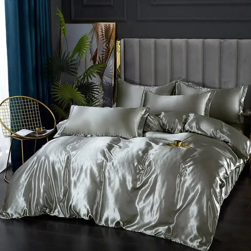 Decorbites luxury silk bedding set in silver satin with glossy finish includes pcs duvet cover and matching pillows