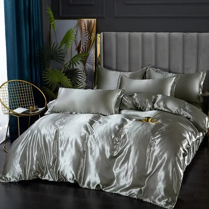 Decorbites™ luxury silk pcs duvet cover set in sleek silver satin with matching pillows and a luxurious sheen