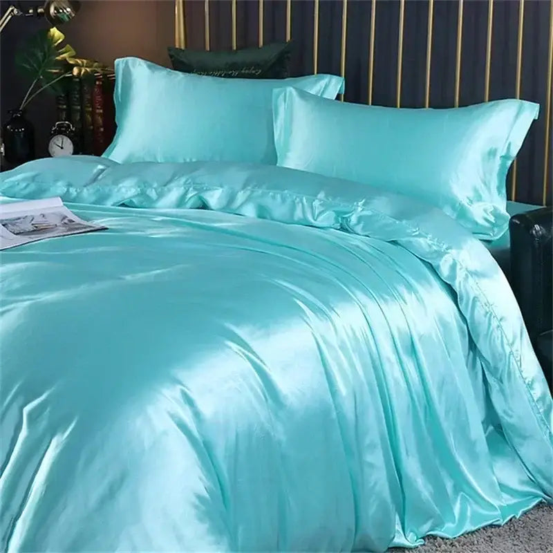 Turquoise satin duvet cover bedding set with matching pcs fitted sheet by DecorBites luxury silk king queen size