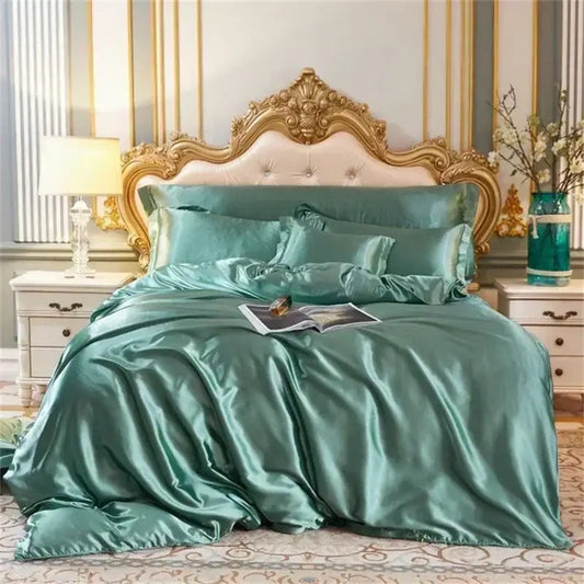 DecorBites™ luxury silk bedding set in teal satin with glossy finish and matching pcs duvet cover on gold-framed bed