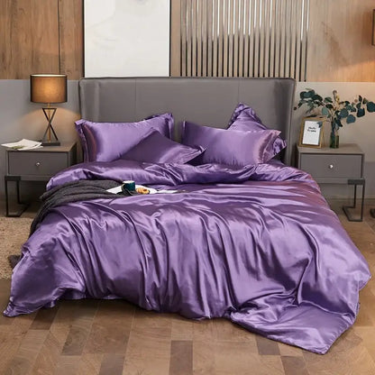 DecorBites luxury solid color 3 pcduvet cover satin bedding set in lustrous purple for width bed use