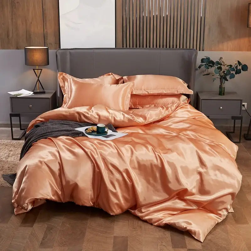 Decorbites luxury solid color bedding set with glossy peach satin pcduvet cover and dark gray throw blanket for width bed