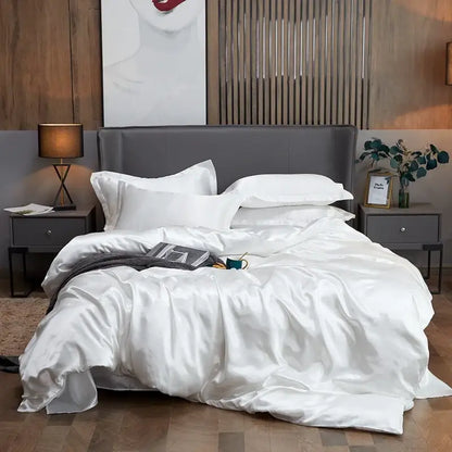 White satin solid color pcduvet cover set with smooth glossy finish and matching pillowcases for width bed by DecorBites