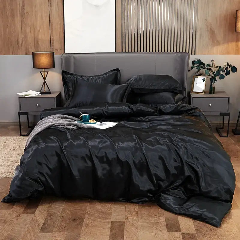 Decorbites luxury black satin pcduvet cover set with solid color pillows featuring smooth glossy finish for width bed