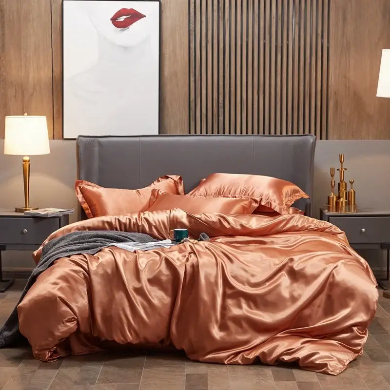 Copper satin DecorBites™ luxury solid color 4-piece bedding set with matching pillows and plush gray headboard for width bed