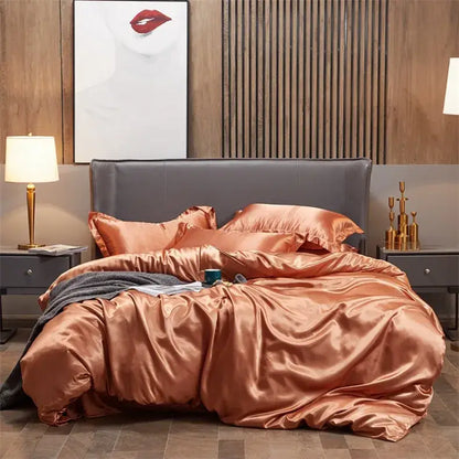 Copper satin DecorBites™ luxury solid color bedding set with matching pillows and dark gray throw blanket for width bed