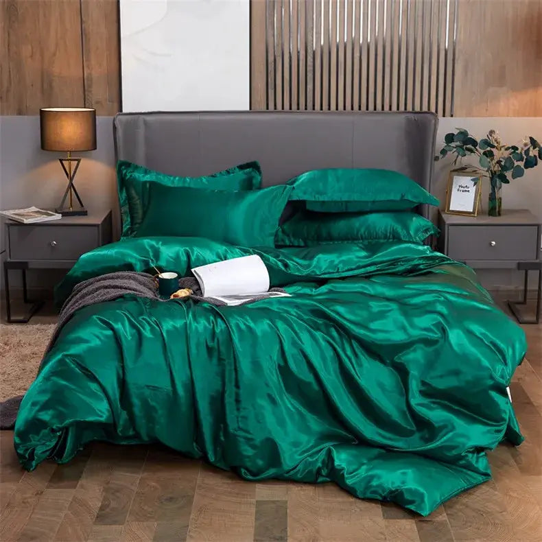 Emerald green decorbites luxury satin pcduvet cover bedding set with solid color and glossy finish for width bed sizes