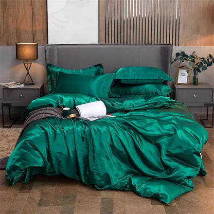 Emerald green decorbites luxury satin pcduvet cover bedding set with solid color and glossy finish for width bed sizes