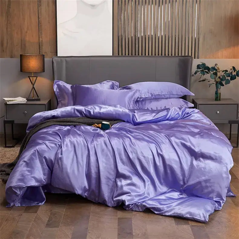 Lavender satin decorbites luxury solid color bedding set with glossy smooth pcduvet cover for twin queen king width bed