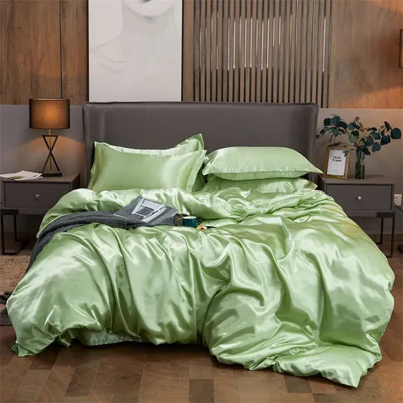 Lush mint green solid color satin pcduvet cover with glossy finish for twin queen king width bed by DecorBites luxury set