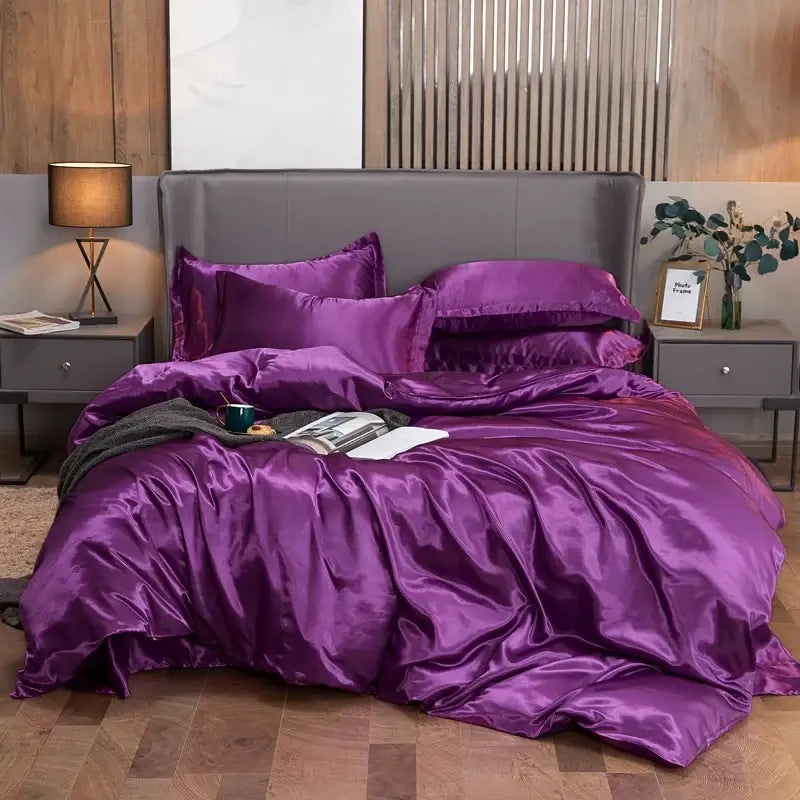 Decorbites™ luxury solid color pcduvet cover set in lustrous purple satin for twin queen and king width bed sizes