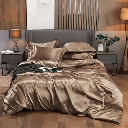 DecorBites luxury solid color pcduvet cover bedding set in bronze satin with glossy smooth finish and matching pillows