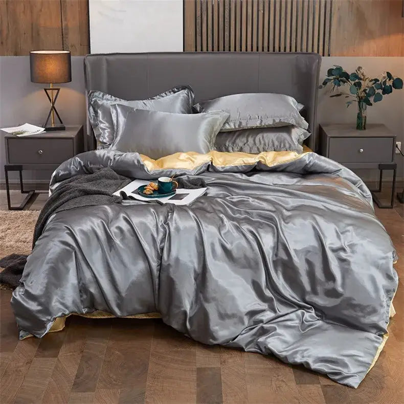 Luxurious silver satin pcduvet cover set with gold inner lining and matching pillows for width bed by decorbites luxury solid color