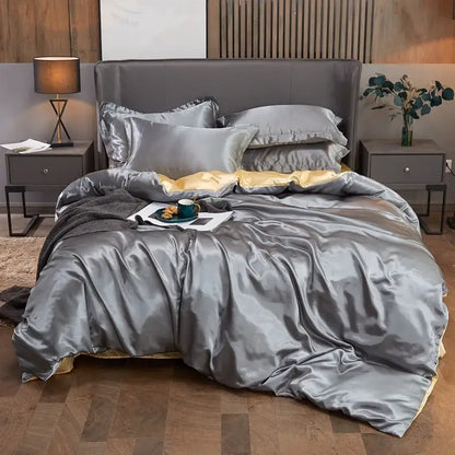 DecorBites™ luxury silver satin pcduvet cover set with gold inner lining and matching solid color pillows for width bed