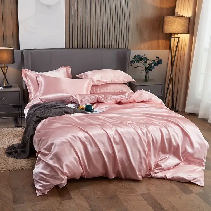 DecorBites luxury solid color pink satin pcduvet cover bedding set with matching pillows for twin queen and king width bed