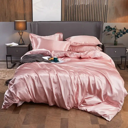 Pink satin decorbites™ luxury solid color pcduvet cover bedding set with glossy finish and matching pillows for width bed