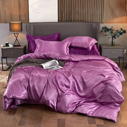 Purple satin solid color pcduvet cover and matching pillows from decorbites luxury bedding set for width bed options