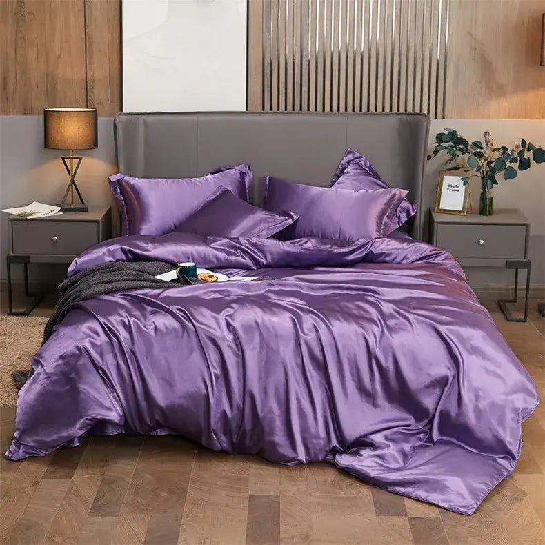 Decorbites luxury solid color purple satin pcduvet cover bedding set with glossy finish and matching pillows for width bed