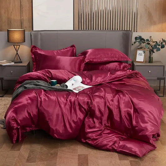 Decorbites luxury solid color pcduvet cover set in rich burgundy satin with plush texture for twin queen king width bed