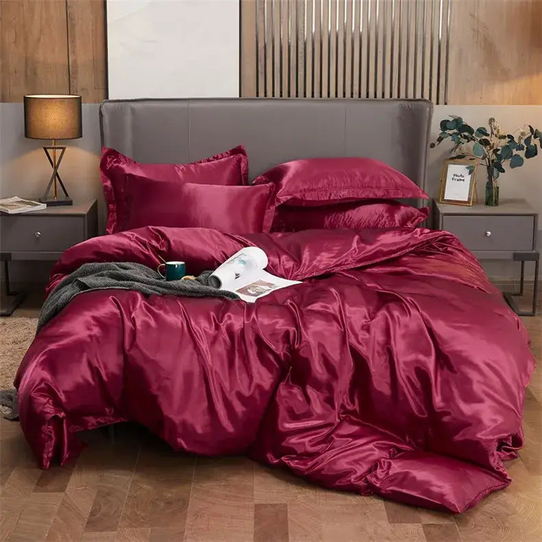 Decorbites luxury solid color pcduvet cover set in rich burgundy satin with smooth glossy finish for twin queen king width bed