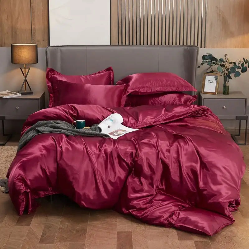 Decorbites luxury pcduvet cover set in rich burgundy satin features a solid color with smooth glossy finish for width bed sizes