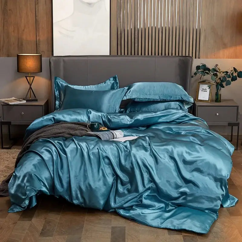 Teal satin pcduvet cover and matching pillows from DecorBites luxury solid color bedding set for width bed sizes
