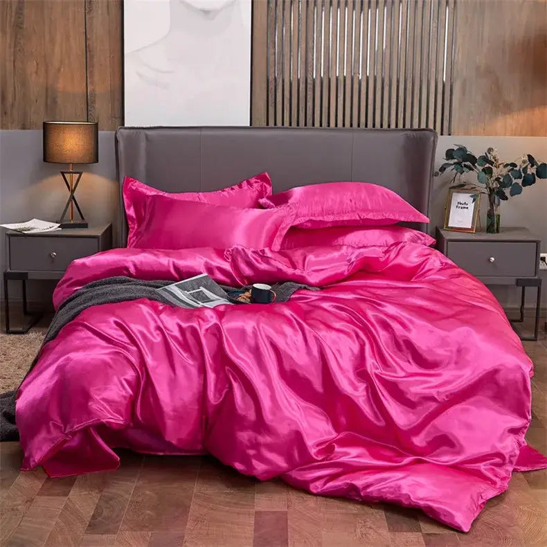 DecorBites luxury solid color pcduvet cover set with vibrant fuchsia satin bedding and matching plush pillows for width bed