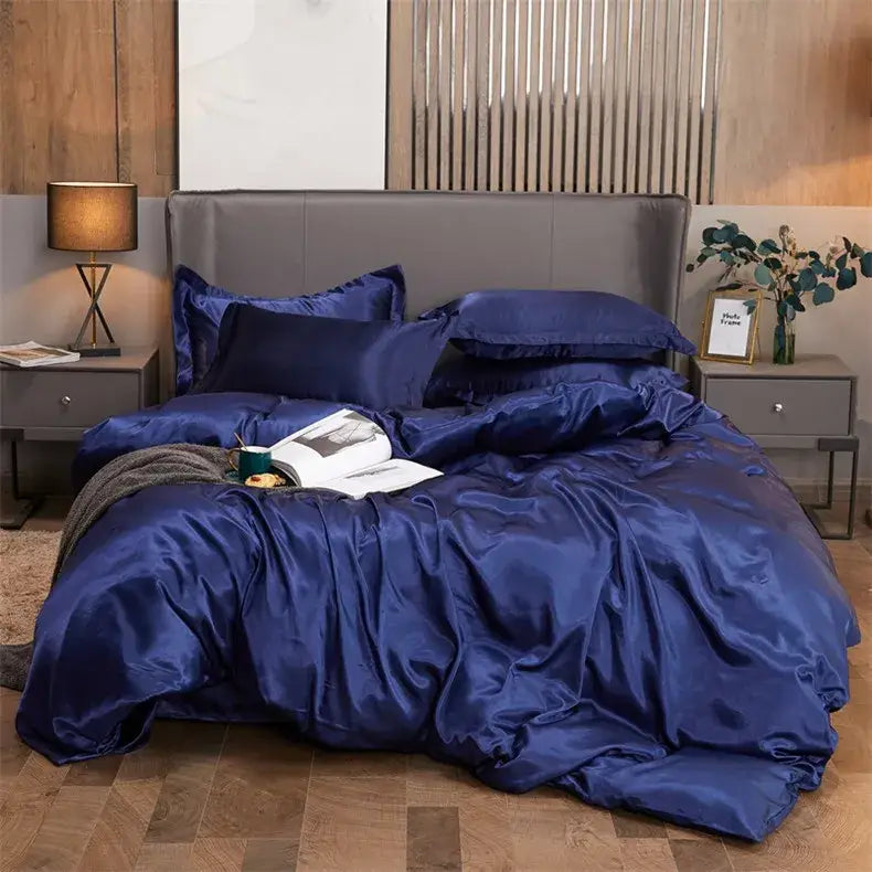 Deep blue satin decorbites luxury solid color bedding set with pcduvet cover and matching pillows for width bed sizes