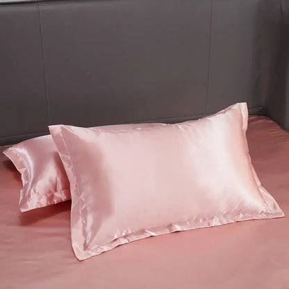 Pink satin pillowcase with smooth glossy finish part of decorbites luxury bedding set for twin to king width bed