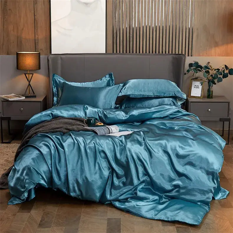 Teal satin decorbites luxury solid color bedding set with pcduvet cover and matching pillows for width bed sizes