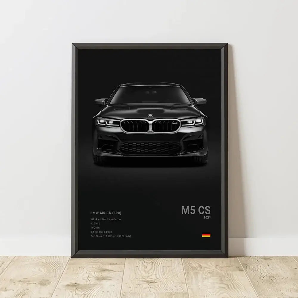 Black framed canvas wall art featuring a matte bmw m5 cs 2021 with kidney grille and aggressive front fascia