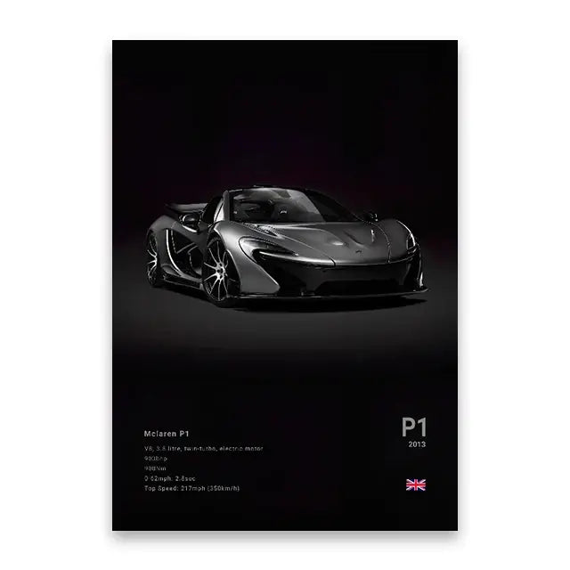 Black mclaren p1 sports car canvas wall art with sleek aerodynamic design and carbon fiber accents by DecorBites luxury edition