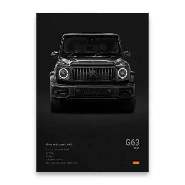 DecorBites™ luxury sports car canvas wall art featuring a black matte finish 2018 Mercedes-AMG G63 with aggressive grille