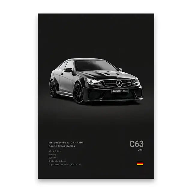 Black mercedes-benz c63 amg coupe canvas wall art featuring a sleek glossy finish and aggressive aerodynamic design