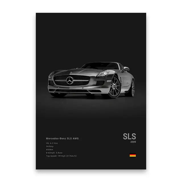 Silver mercedes-benz sls amg canvas wall art featuring sleek gull-wing doors and aggressive front grille design