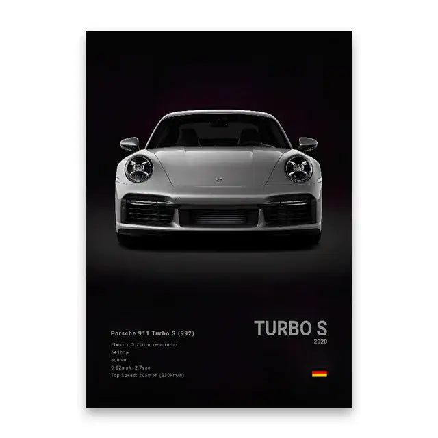Silver porsche 911 turbo s canvas wall art poster with sleek design and bold typography for luxury decor