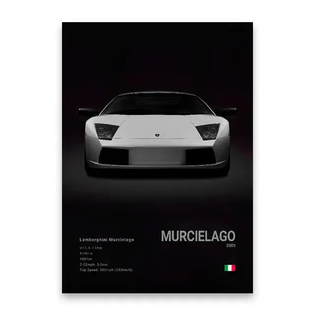 White Lamborghini Murcielago 2001 canvas wall art featuring a sleek sports car with angular headlights and grille design