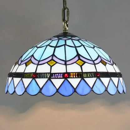 DecorBites luxury tiffany style stained glass pendant light with dome shade featuring blue white and purple glass pieces