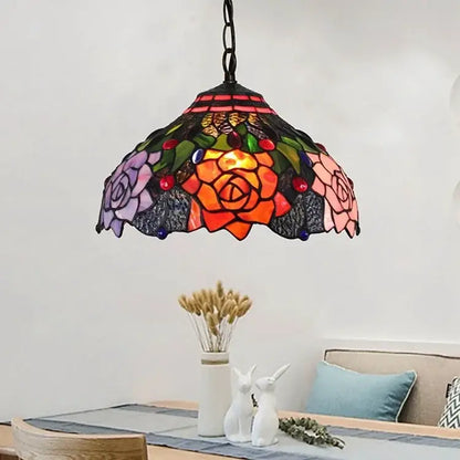 Decorbites luxury tiffany style stained glass pendant light with vibrant floral rose design in orange pink and purple