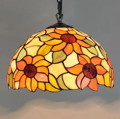 DecorBites™ luxury Tiffany style stained glass pendant light with vibrant sunflower glass pendant in orange yellow and red