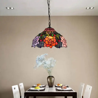 Decorbites luxury Tiffany style stained glass pendant light with vibrant orange pink purple and green floral design