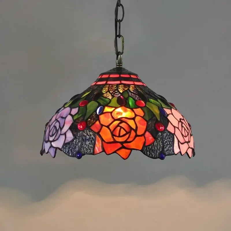 DecorBites™ luxury Tiffany style stained glass pendant light with vibrant floral rose design in orange pink and purple