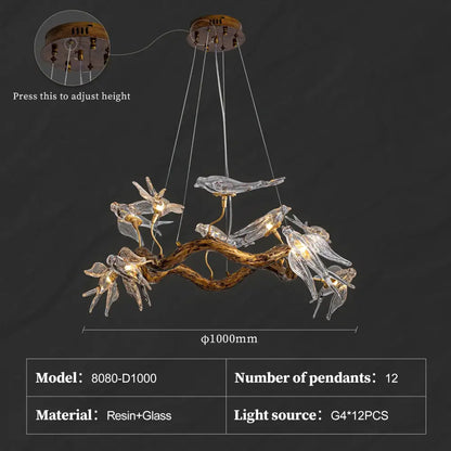 DecorBites™ luxury vintage glass bird chandelier with translucent glass birds and flowers on resin branch structure