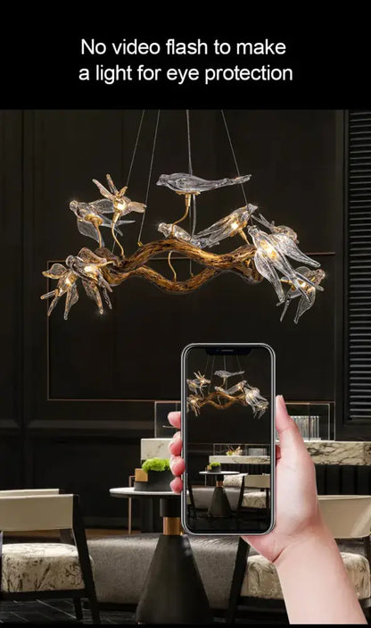 DecorBites™ luxury vintage glass bird chandelier with translucent glass dragonflies on dark bronze branches