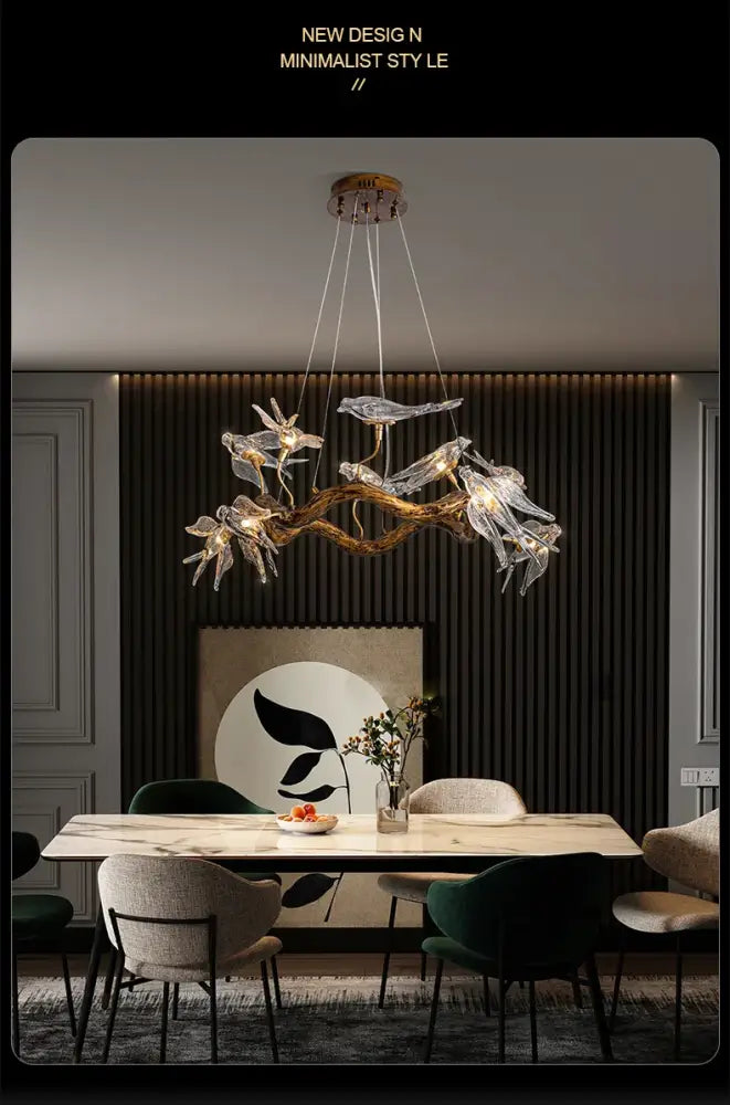 Decorbites™ luxury vintage glass bird chandelier with golden metallic base and clear glass bird lights suspended on cords